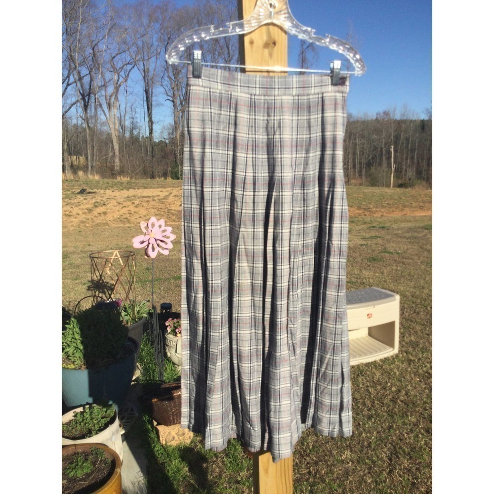vintage Talbots womens linen pleated midi skirt academia plaid preppy modest